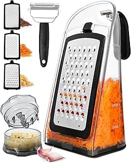 Cheese Grater with Garlic Crusher- Box Grater Vegetable Shredder with 3 Stainless Steel Blades - Graters for Kitchen- Cheese Graters with Handle - Garlic Mincer Tool and Vegetable Peeler
