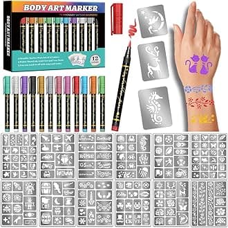 Temporary Tattoo Markers for Skin, 12 Metallic Markers + 160 Tattoo Stencils, Tattoo Markers for Kids Adults Women Teens Body Markers, Cosmetic Tattoo Pens for Skin DIY Body Art Face Painting