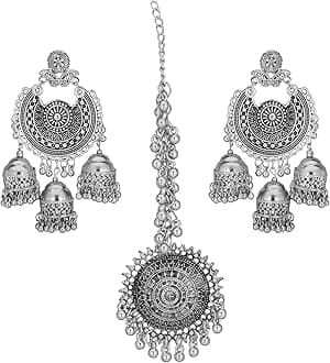 Jwellmart Indian Ethnic Partywear Traditional Oxidized SIlver Beaded Navratri Jhumka Jhumki Earrings with Maang Tikka Combo for Women