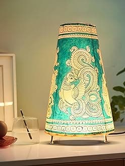 Handicraft Leather Table Lamp for Home Decoration | Handmade Side Table Lamp Shade for Bedroom Decor | Decorative Festival Gift for Living Room, Desk, Spiritual Décor | Peacock Spread