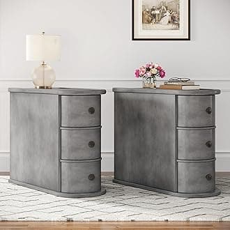 Wood End Table with 3 Drawers, No Assembly Required Narrow Sofa Side Table for Living Room, Vintage Slim Nightstand Bedside Table for Bedroom (3 Drawers, Grey, 2 Pcs)