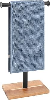 Hand Towel Holder, T-Shape Hand Towel Stand for Bathroom, Hand Towel Rack Bar Standing for Vanity Kitchen Countertop, 304 Stainless Steel (Wooden Base, Black)