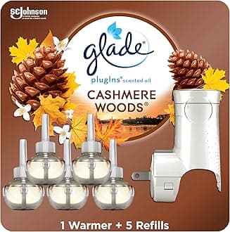 Glade PlugIns Refills Air Freshener Starter Kit, Scented and Essential Oils for Home and Bathroom, Cashmere Woods, 3.35 Fl Oz, 1 Warmer + 5 Refills