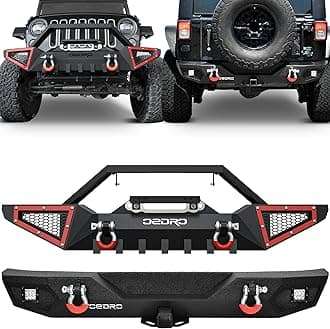 Front & Rear Bumpers Fit 2007-2018 Jeep Wrangler JK Unlimited, Rock Crawler Off Road Full Width with & Paintable Armor & Winch Plate Mounting & D-Rings & Hitch Receiver & 2 X LED Lights