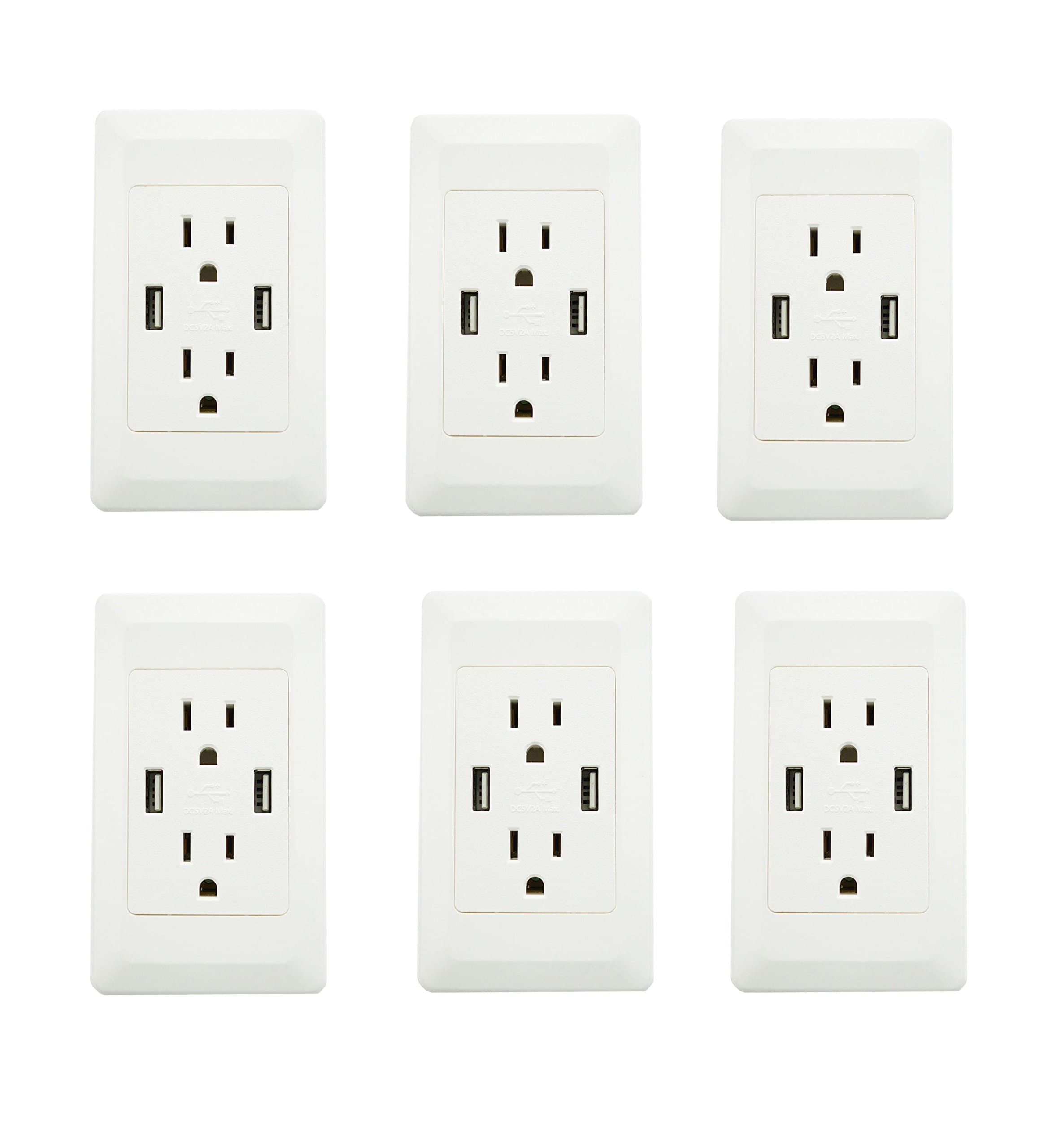 6PK YOPI 2A High Speed Dual USB Phone Pad Charger with 15A Wall Receptacle 2 Outlets Band Panel Faceplate White ETL Listed