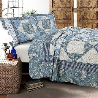 100% Cotton Real Patchwork Floral Vintage Cottage Reversible Quilt Bedding Set Coverlet Bedspread (Blue Roses, King-3 Piece)