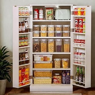 50" LED Kitchen Pantry Storage Cabinets - Standing Food Cabinets Cupboards with 2 Doors with Racks and Shelves Adjustable for Small Space in Dinning Room, Living Room, in White