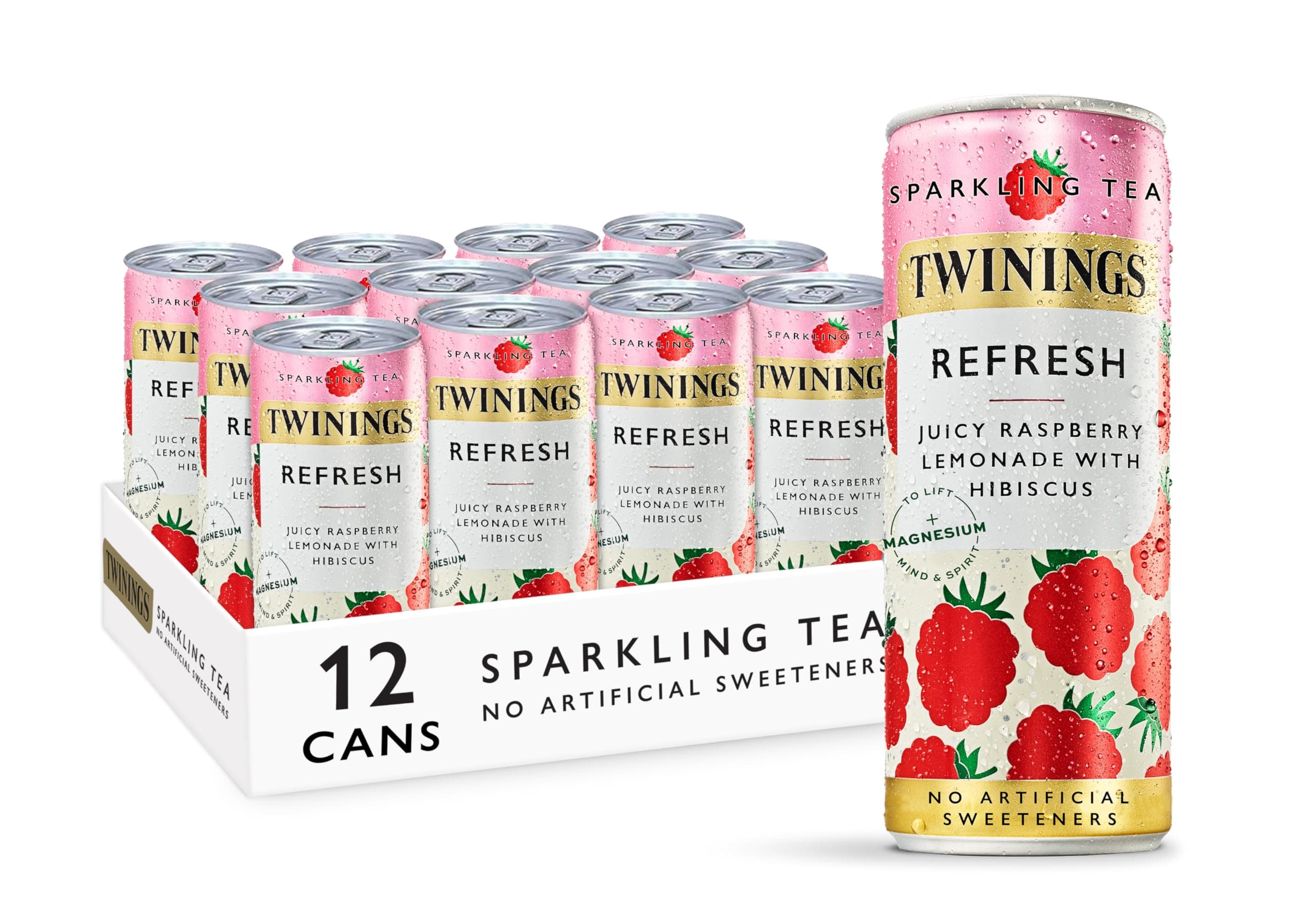 Refresh - Raspberry & Lemon Flavoured Sparkling Tea-Refreshing Fruity Beverage(12X250ml Cans)-No Added Sugar, Low in Caffeine/Calorie, Healthy Alternative,Antioxidant Rich,Vegan,Gluten Free
