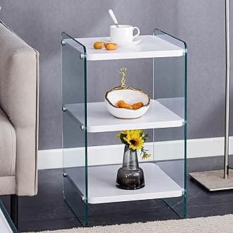 Coffee Table White Small Side Table Modern 3-Tier Bedside Table with Wooden Shelves Tempered Glass Legs,Design is Simple Elegant with Powerful Storage Function.Storage Cabinet for Living Room Bedroom