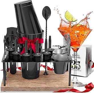 Bar Set Cocktail Shaker Set Bartender Kit, 17 Piece Black Cocktail Set, Mixology Bartender Kit with Wood Stand, Steel Cocktail Kit, Bar Accessories: 30oz Martini Shaker, Muddler, Cocktail Book & More