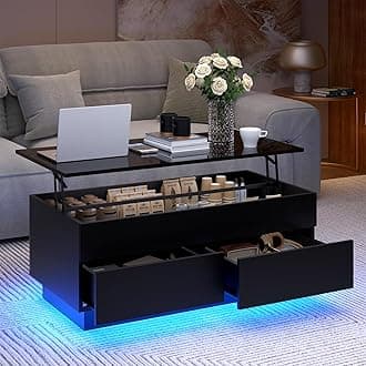 HOMMPA LED Coffee Table with Lift Top Morden Coffee Table with Storage High Gloss Black Sofa Table for Living Room Center Tables Hidden Compartment & 2 Drawers
