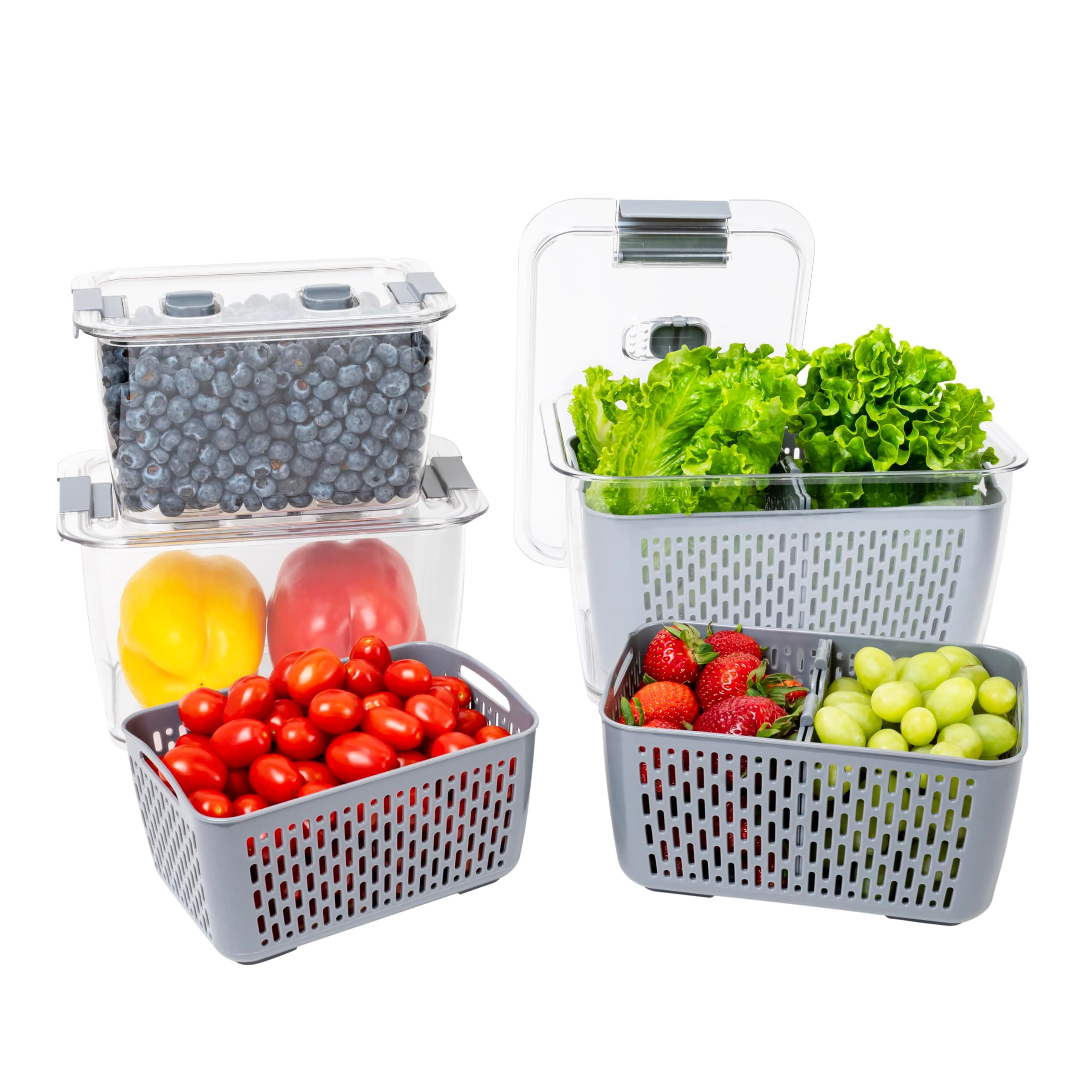 Kitchen Spaces Stackable Fridge Storage Colander Containers for Fresh Produce, Variety Pack, 3 Sizes to Organize Washed Fruits and Veggies, Snap and Seal Lids with Adjustable Vents, Hand Wash Only
