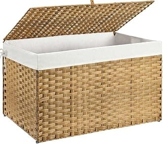 GREENSTELL Storage Basket with Lid, 42.3 Gallon(160L) Lagre Wicker Blanket Storage Basket with Handles, Foldable, 2 Removable Liner Bags, Metal Frame, for Bedroom, Laundry Room, Brown,30"*18.1"*18.1"