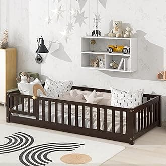 Bellemave Floor Bed for Kids,Twin Size Montessori Floor Bed with Door and Fence,Solid Wood Twin Bed Frame with Removable Slats for Girls Boys,Twin,Espresso