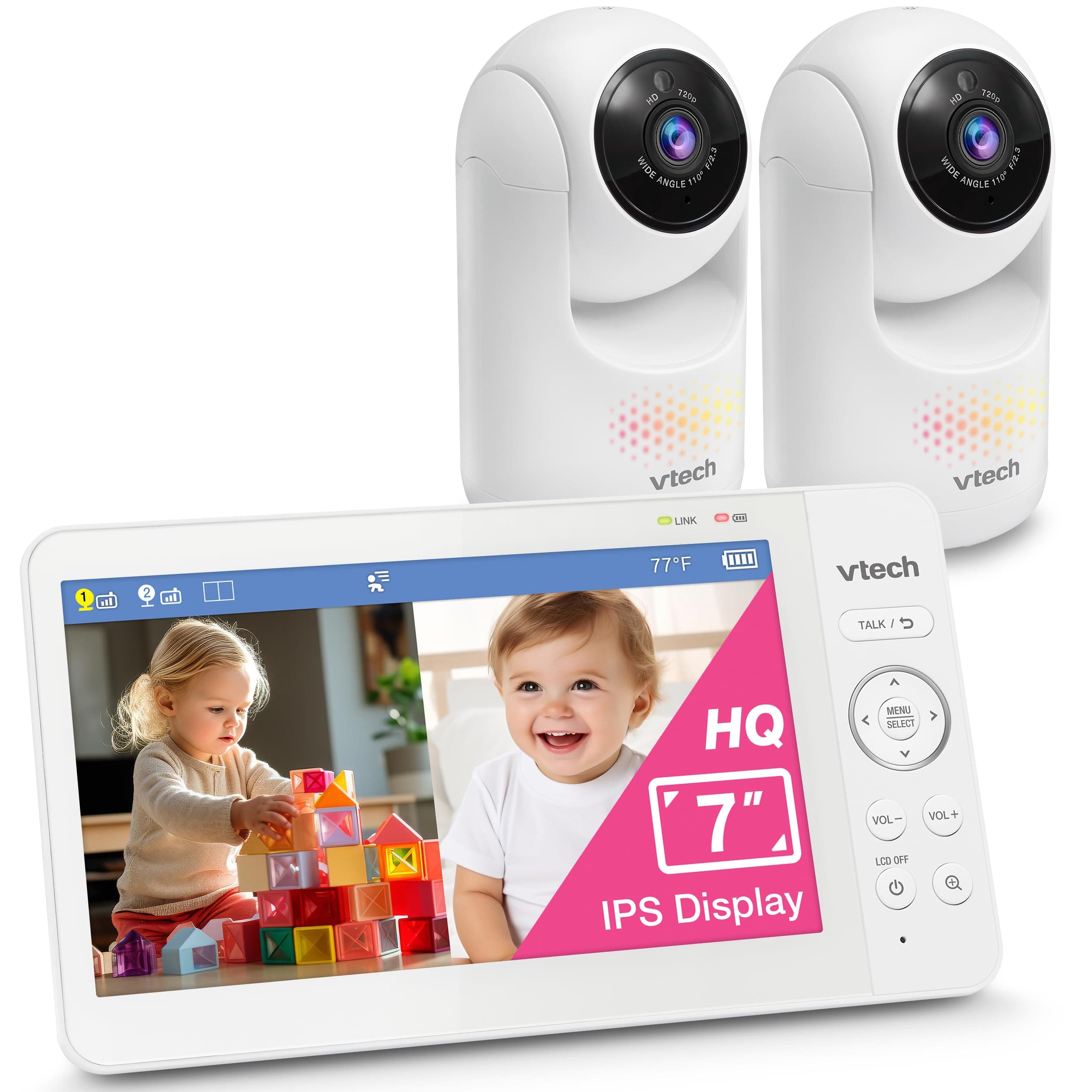 VTech Advanced HQ Max Twin 7" Digital Video 2-Cameras Baby Monitor with Pan Tilt Zoom, Long Battery Life 5000mAh, IPS Screen, Adaptive Multi-Color Night Light, 2-Way Talk, HQ Display, No WiFi, White