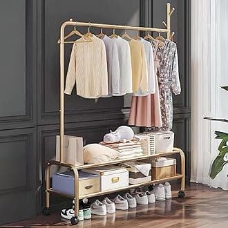 - Lukzer | MGR-008 | Gold | Metal Garment Rack with Wheels & 2 Bottom Shelves – Freestanding Clothes Stand & Storage Organizer for Bedroom, Living Room, Shop Display & More | 173 x 110 x 34 cm