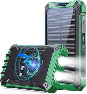 GOODaaa Power Bank Wireless Charger 36000mAh Built in 4 Cables Six Outputs 15W Fast Charging Power Bank for All Mobile Devices Three Inputs Solar Portable Charger with Dual Flashlights, CarabinerGlobal Recycled StandardGlobal Recycled StandardGlobal Recycled Standard