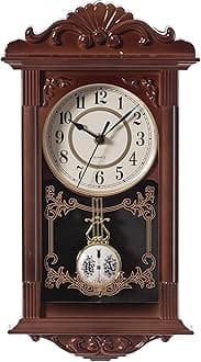 Vintage Grandfather-Style Wall Clock with Wood-Effect Plastic Pendulum Battery-Operated for Home Decor Living Room Home Office Kitchen or Dining Room (Brown, 16 Inch)