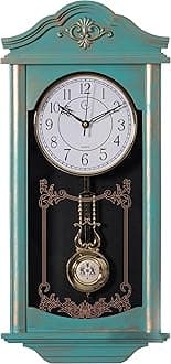 Clockswise Large Vintage Grandfather Wood- Looking Plastic Pendulum Wall Clock for Living Room, Kitchen, or Dining Room, (Large, Blue)