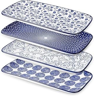 Ceramic Serving Platters, 14 Inch Serving Trays for Party Entertaining, Large Rectangular Serving Plates for Appetizer, Charcuterie, Dessert, Fruit, Set of 4, Vintage Blue