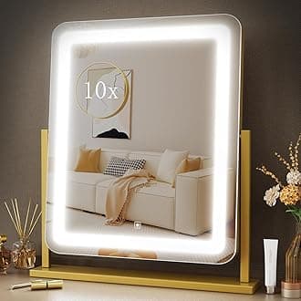 Gvnkvn Lighted Makeup Mirror, Hollywood Vanity Mirror with Lights, Three Color Lighting Modes, and Detachable 10X Magnification Mirror, Smart Touch Control, 360°Rotation (15.2in. Gold)