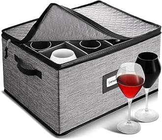 Wine Glass Storage Box with Dividers, Quilted and Stackable Stemware Storage Cases, Service of 12 Glassware Storage Containers, China Storage Containers Hard Shell for Moving and Seasonal Storage