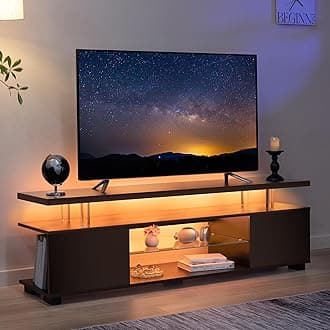 Black TV Stand 65 inch,LED TV Stand for Living Room,Glass Entertainment Center TV Stand, TV Console Tables for Living Room,Bedroom,Home Office