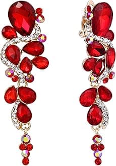 Bohemian Teardrop Cluster Crystal Diamante Clip-On Long Drop Dangle Chandelier Earrings, Statement Earrings for Costume, Wedding Bridal Jewellery for Brides