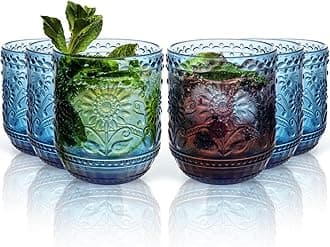 Glass Cups, Vintage Glassware Drinking Glass Set of 6, 12oz Colored Glassware with Sunflower Design, Embossed Floral Decorative Glasses Drinking Set for Cocktail, Wine, Vintage Drinking Glasses (Blue)