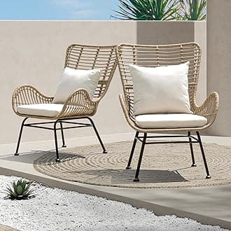 Isabelle Wicker Chairs Set of 2, 2000 Hours UV Wicker Rattan Chair, 500lbs Capacity Boho Patio Chairs with Thick Olefin Cushions and Pillows for Patio, Indoor Use