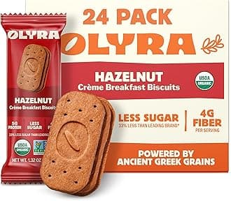 Hazelnut Cocoa Sandwich Breakfast Biscuits, Healthy Snacks for Adults and Kids, Low Sugar, High Fiber, Organic Vegan Cookies, with Ancient Greek Grains, USDA Certified Organic, Non GMO, 24 Packs