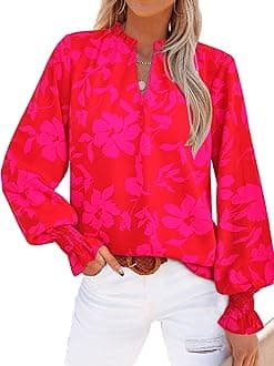 Womens V Neck Floral Long Sleeve Tops 2025 Summer Casual Loose Puff Sleeve Chiffon Boho Work Blouse Dressy T Shirts