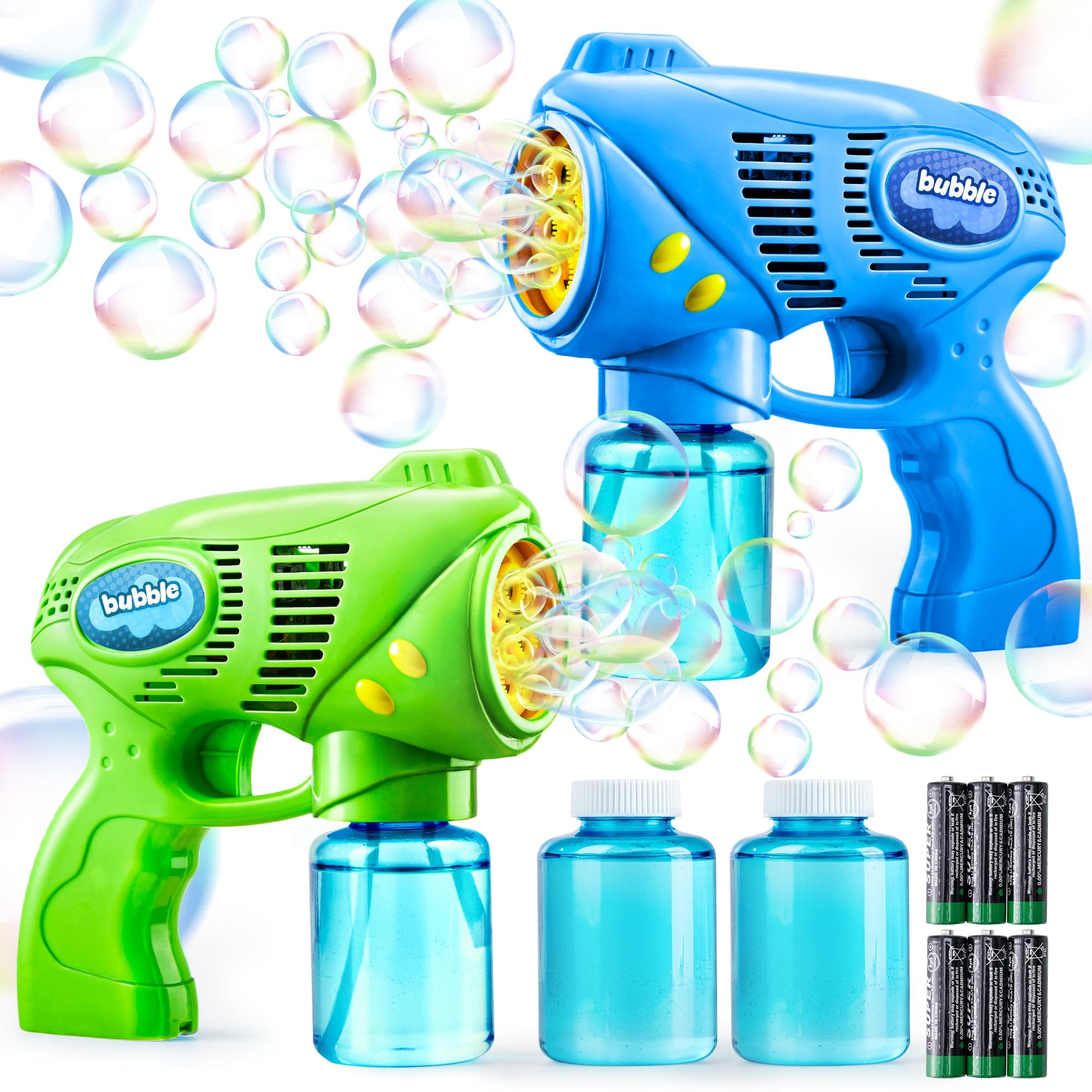 JOYIN 2 Bubble Guns with 2 Bottles Bubble Refill Solution (260ml Total), Bubble Machine for Toddlers 3+, Bubble Blaster Party Favors, Summer Toy, Outdoors Activity, Easter, Birthday Gift(Blue+Green)
