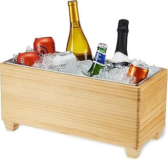 Twine Ice Bucket Wood and Galvanized Metal Tub - Wooden Wine Bucket And Beer Chiller - Holds 4 Wine Bottles or 5.4 Gallons Set of 1,Brown