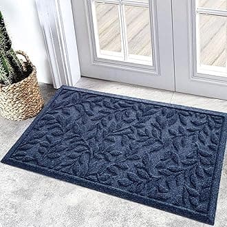 Bulijojo Sturdy Front Entrance Doormats,Durable Heavy Duty Welcome Mat,Thick Absorbent Natural Rubber Non Slip Mat,Easy Clean Entryway Mat 17x30 Inch Leaves Blue