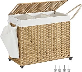 SONGMICS Laundry Hamper with Lid, 42.3 Gallon (160L), Rolling Laundry Basket with Wheels, 3-Section Synthetic Rattan Laundry Hamper, Removable Liner, Bedroom, 27.6x14.2x26 Inches, Natural ULCB365N01
