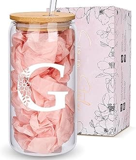 Personalized Gifts for Women, Monogrammed Glass Cups with Lids and Straws, Custom Tumbler, Cute Customized Mug, Aesthetic Stuff, Initial Iced Coffee Cup, Drinking Glasses, Birthday Teacher Gifts, G