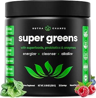 NutraChamps Super Greens Powder Premium Superfood | 20+ Organic Green Veggie Whole Foods | Wheat Grass, Spirulina, Chlorella & More | Antioxidant, Digestive Enzyme & Probiotic Blends