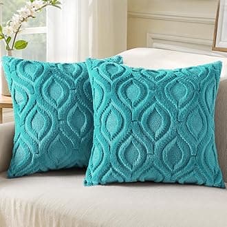 decorUhome Throw Pillow Covers 24x24 Inch Set of 2, Soft Plush Faux Wool Turquoise Solid Couch Pillow Covers, Accent Farmhouse Neutral Square Pillow Cases for Sofa Bed Living Room Home Decor