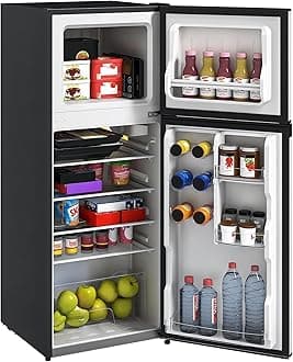 HOMCOM 4 Cu.Ft Mini Fridge with Freezer, Double Door Compact Refrigerator with Adjustable Thermostat, Shelf and Reversible Door for Bedroom, Dorm, Home Office, Energy Efficient, Black