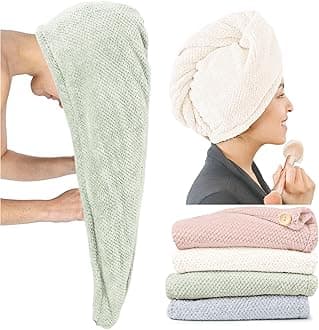 Extra Large 4 Pack Microfiber Hair Towel Wrap for Women Super Absorbent & Quick Dry Hair Drying Towels with Button, Hair Turbans for Curly Hair Long & Short Hair - Anti-Frizz