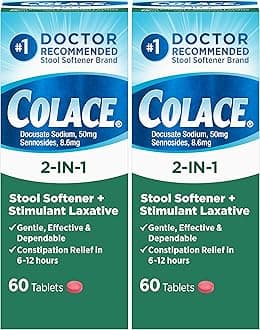 - Colace 2-in-1 Stool Softener Plus Stimulant Laxative Tablets, 60 Count (Pack of 2), Gentle Constipation Relief, Docusate Sodium Plus Sennosides
