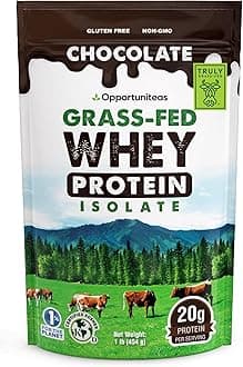 Opportuniteas Grass Fed Chocolate Whey Isolate Protein Powder – 20 g Protein, Heavy-Metal Tested, Made with Organic Cacao & Organic Cane Sugar, Non-GMO, Hormone-Free, Sourced from Ireland, 1 lb