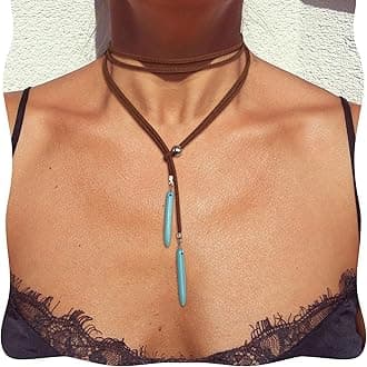 Turquoise Necklace, Vintage Lariat Necklace for Women, Boho Turquoise Choker Necklace Feather Pendant with Leather Cord, Handmade Western Style Jewelry