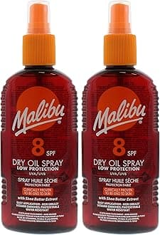 Malibu Sun SPF 8 Non-Greasy Dry Oil Spray for Tanning with Shea Butter Extract, Low Protection, Water Resistant, 200ml (Pack of 2)