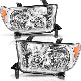 TUSDAR Headlight Assembly Replacement for 2007 2008 2009 2010 2011 2012 2013 Tundra / 2008-2017 Sequoia Driver and Passenger Side Chrome with Amber Reflector Housing with Bulbs