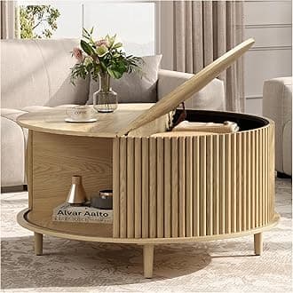 JOINICE,Round Coffee Table with Storage, 31.5" Natural Oak Fluted Center Table with Sliding Door, Modern Circle Drum Table for Living Room, Scandi Wood Furniture for Small Spaces