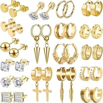 Earrings for Men - 18 Pairs, Black Gold Silver & Stainless Steel Stud, Cross, Dangle, Hoop Earrings Set - Fashion Piercing Jewelry