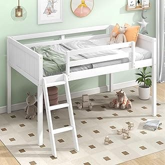 Bellemave Low Loft Bed with Ladder, Wood Loft Bed Twin Size for Adults, Kids and Young Teens, No Box Spring Required,Wood Slat Support (White, Slope Ladder)