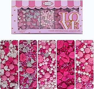 Handcrafted Pink Mini Roses, Silver Hearts, Vermicelli & White Pearls - Vegan, Gluten-Free, Nut-Free, Soy-Free, Dairy-Free Cake & Baking Sprinkles - Perfect for Anniversaries & Special Occasions - 5 Oz